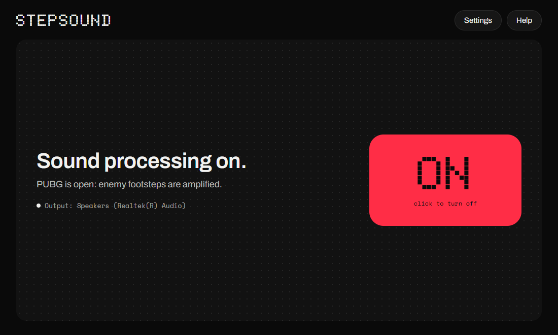 The Stepsound app window on Windows, switched on.