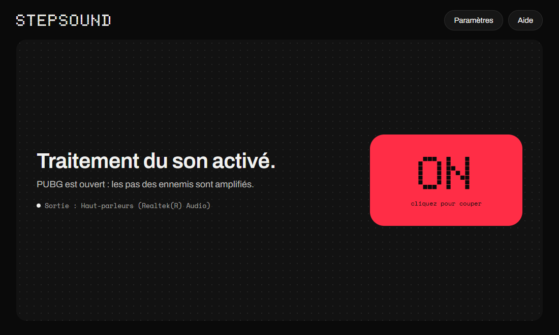 La fenêtre de l'application Stepsound sous Windows, allumée.